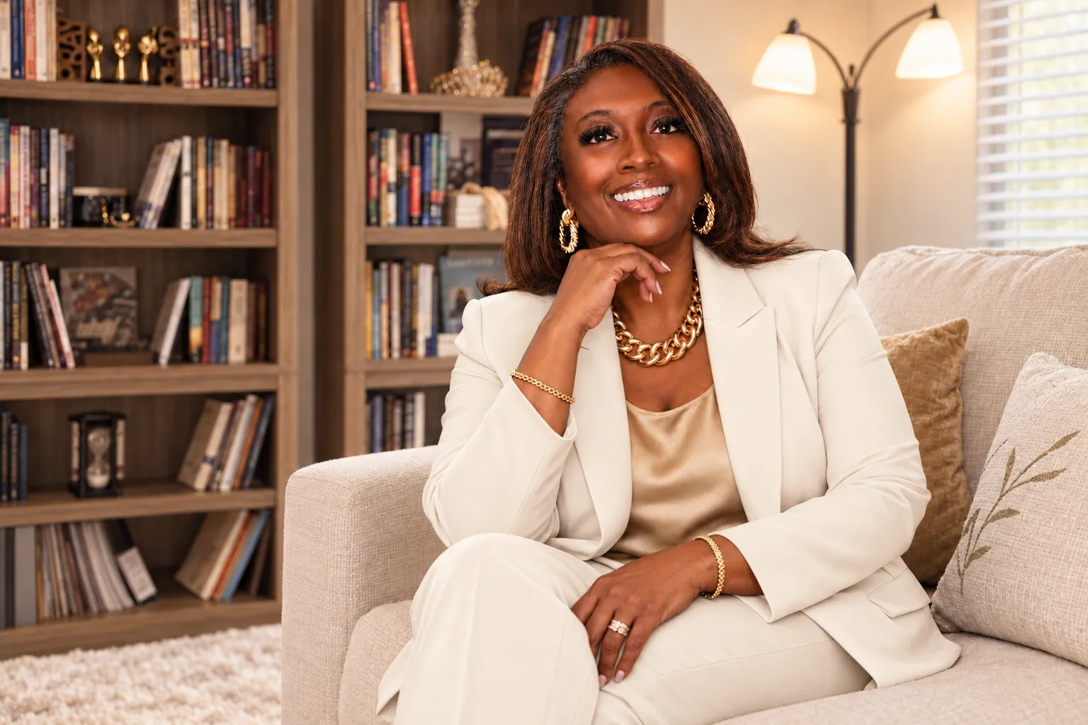 Paulette K. Broach seated on a cream sofa in a warm library, chin resting on her hand, smiling