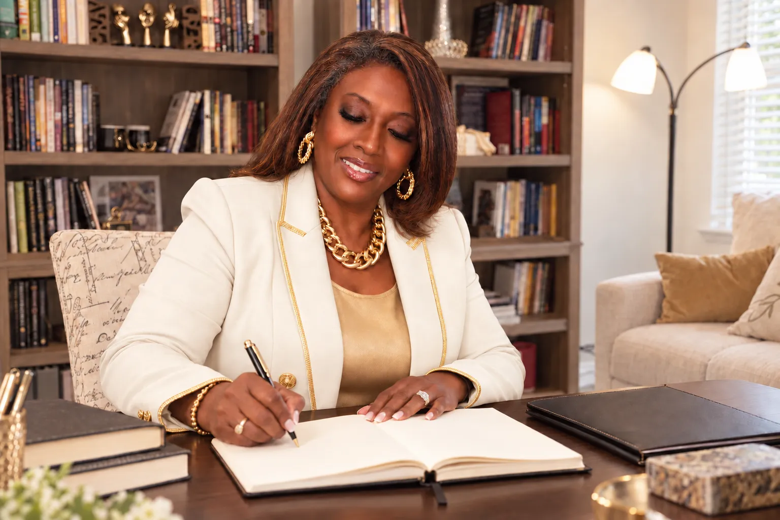 Paulette K. Broach writing in a journal at her desk, surrounded by books