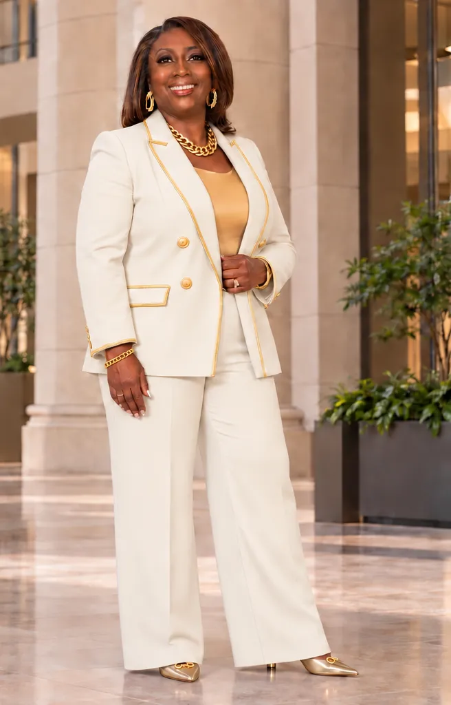Paulette K. Broach in a cream suit, standing in a sunlit marble atrium