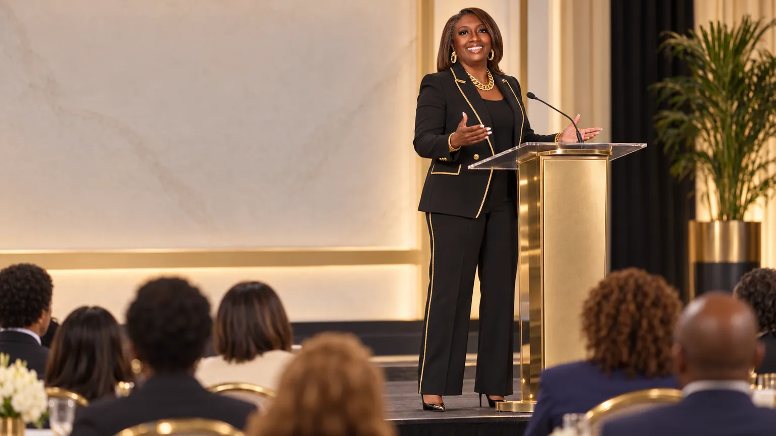 Paulette K. Broach speaking from a gold lectern to a seated audience